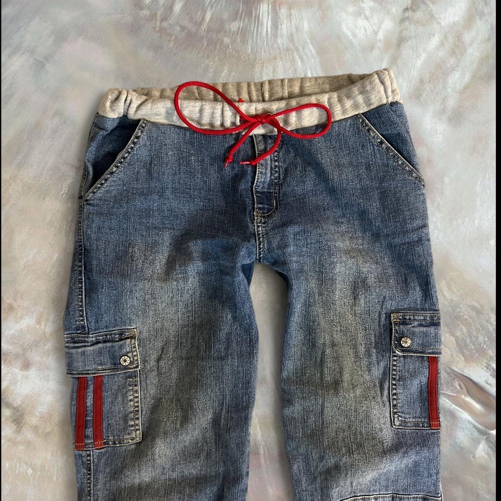 Clap Jeans Vintage 2000s Low Rise Baggy Cargo Flare Jeans Blue Y2K Size 11 - Picture 2 of 8